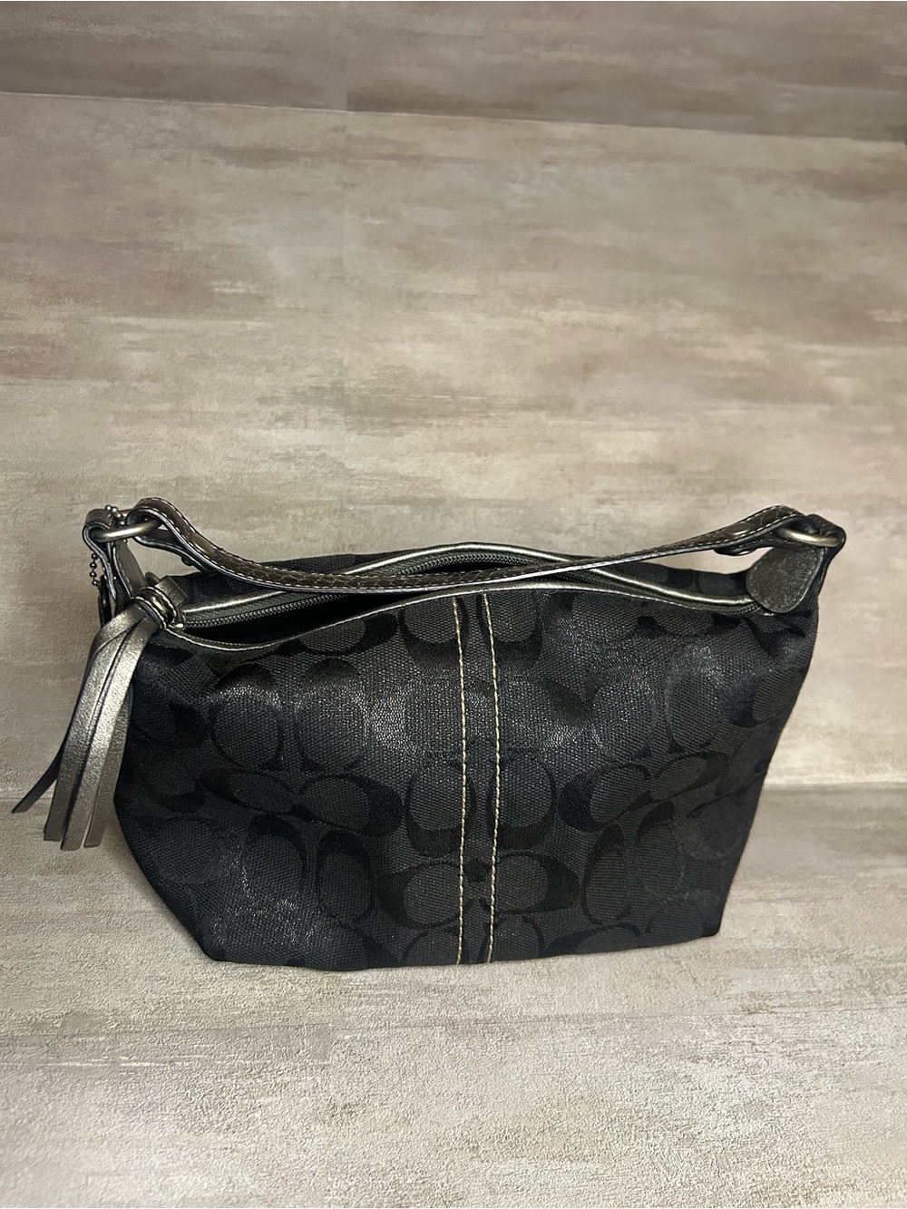Coach Black Signature Jacquard Cosmetic Pouch with Metallic Trim